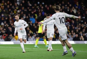 Manchester City’s Bernardo Silva celebrates scoring their third goal.
