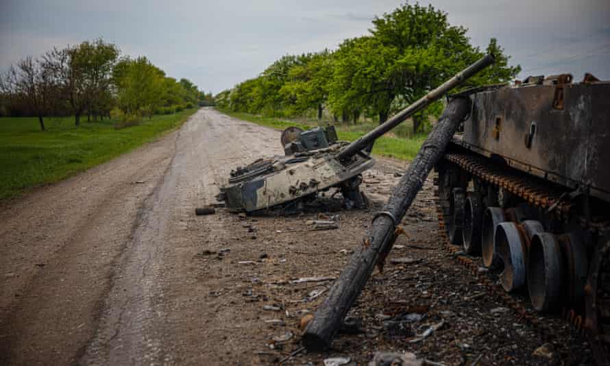 A destroyed Russian BMP-3 infantry fighting vehicle on a road near Pokrovske, eastern Ukraine.