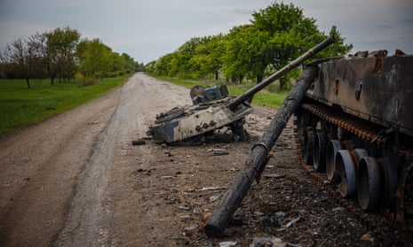 A destroyed Russian BMP-3 infantry fighting vehicle on a road near Pokrovske, eastern Ukraine