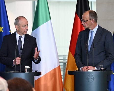 German chancellor Friedrich Merz (R) and Ireland's prime minister Micheál Martin attend a press conference at the Chancellery in Berlin, Germany.