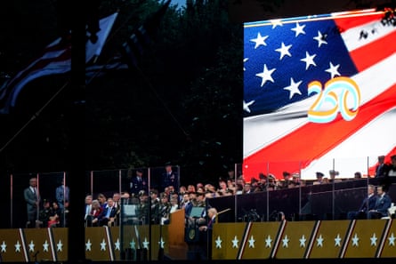 Donald Trump speaks during the US army's 250th anniversary parade in Washington.