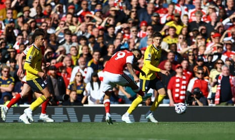 Arsenal's Bruno Guimaraes scores their second goal.