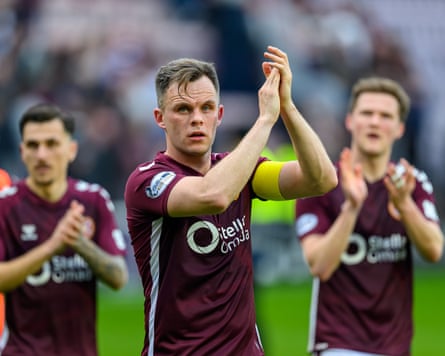 Lawrence Shankland applauds Hearts fans.
