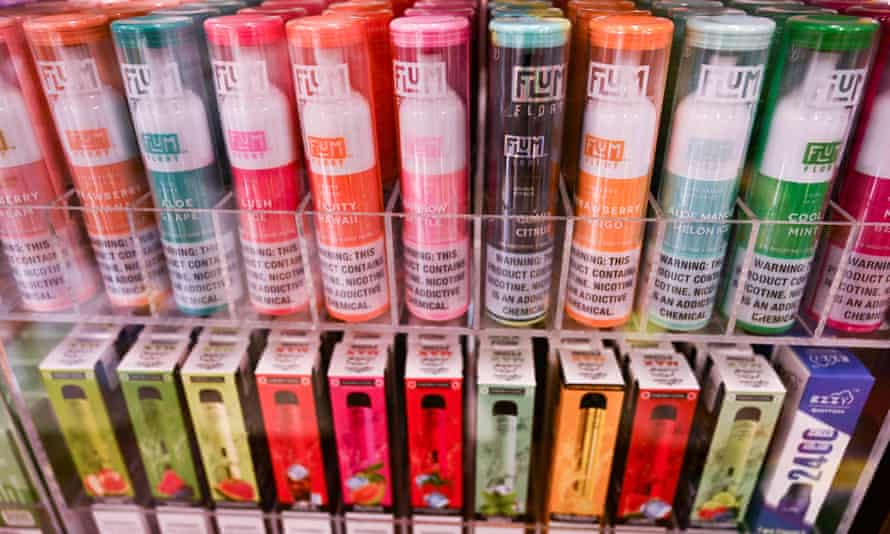 Flum Float disposable vape flavored e-cigarette products on display at a convenience store in El Segundo, California