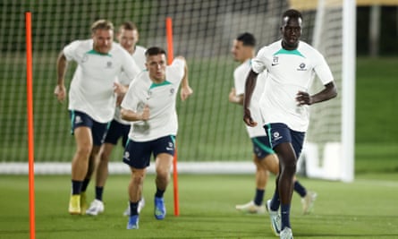 Kuol with other players during Australia's training session in Doha, Qatar