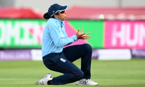 Sophia Dunkley takes the catch to dismiss Deepti Sharma.