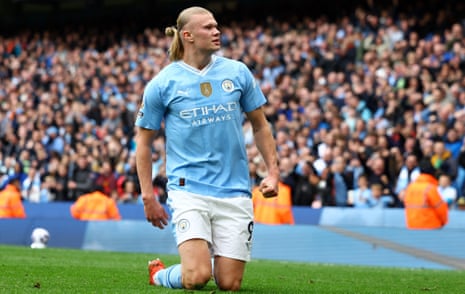 Erling Haaland celebrates after scoring his, and Manchester City’s second goal of the game.