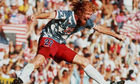 Alexi Lalas jumps in the air 22 June as he celebrates after the US defeated Colombia 2-1 in their World Cup match at the Rose Bowl in Pasadena, California.
