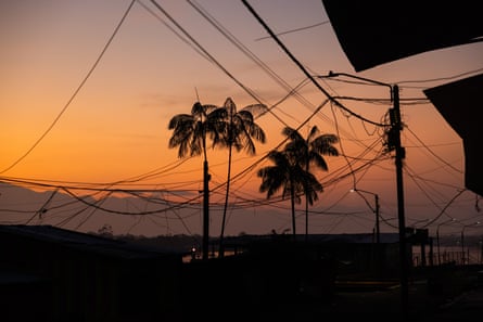 Palm trees silhouetted against an orange sunrise