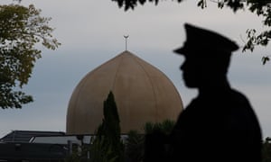 A police officer stands guard near Al Noor mosque in Christchurch after the attack.