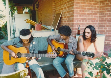 Bart Willoughby and Ricky Harrison of No Fixed Address, and Pedro Butler from the band Us Mob, in 1980.