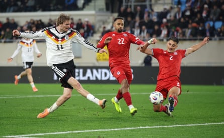 Nick Woltemade scores his and Germany’s second goal in their 2-0 win against Luxembourg.