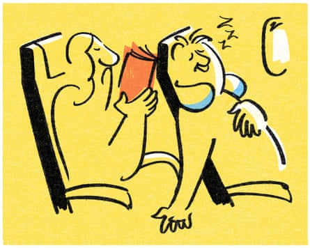 An illustration of a man reclining back on an aeroplane seat while a woman tries to read a book.