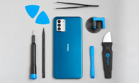 Nokia G22 pictured with iFixit repair tools.