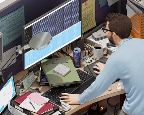 Person working in a messy cubicle with papers on the floor and a tipped-over chair