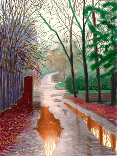 The Arrival of Spring in Woldgate, East Yorkshire, 2011This image is from a landmark series of iPad drawings capturing winter turning to spring in the East Yorkshire landscape. Created in 2011, the images burst with colour as they show trees waking from winter and new plants growing, all beneath a brightening light. The series highlights Hockney love of technological innovation as he takes traditional British landscape painting digital.