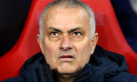 José Mourinho looks perplexed on the bench in Tottenham's game at RB Leipzig.
