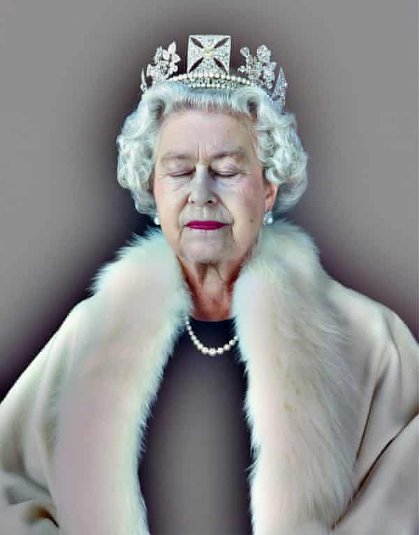 Portrait of Queen Elizabeth II with her eyes closed, wearing a tiara and a fur collar coat