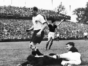 Ferenc Puskás slides in to score, only to see his equaliser disallowed.