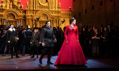 Lise Davidsen, right, as Elizabeth of Valois, with Luca Micheletti (far left), Brian Jagde (centre) and chorus, in Don Carlo.