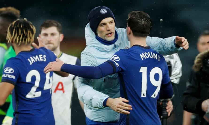 Thomas Tuchel embraces Mason Mount after Chelsea’s win at Tottenham on Thursday.