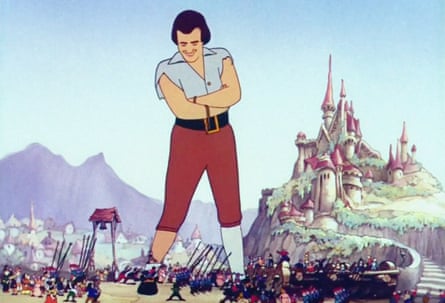 Animation still showing Gulliver standing over the tiny people and buildings of Lilliput