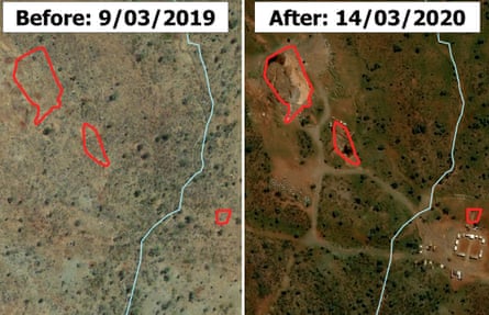 A side-by-side satellite image showing the Garnkiny and Jawaren sites before and after they were allegedly damaged.