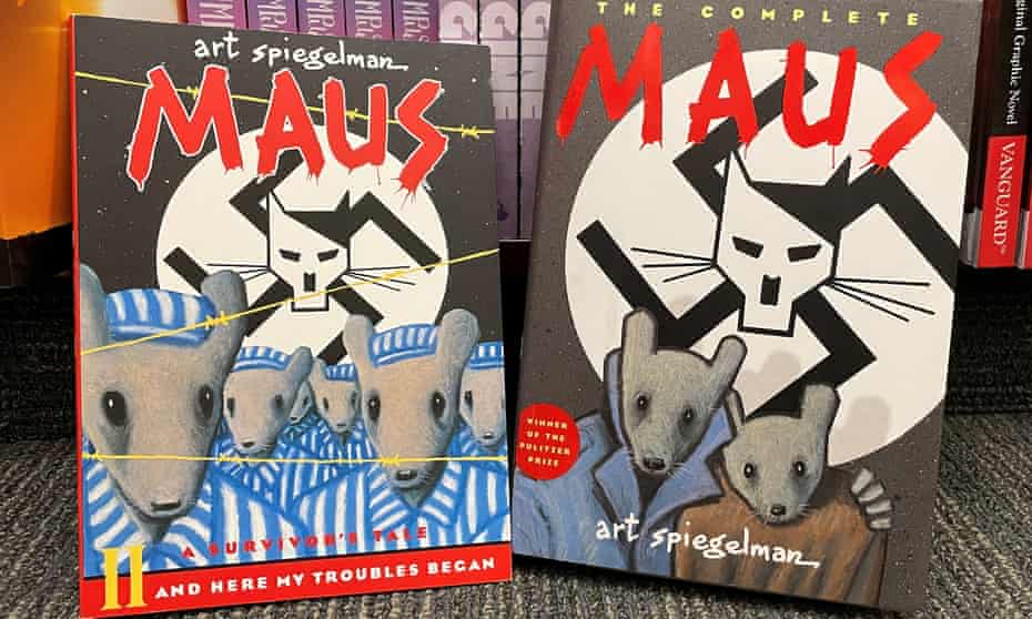 Two books of the graphic novel Maus by American cartoonist Art Spiegelman are pictured in this illustration in Pasadena, California.
