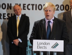 Johnson at the count for the Mayor of London election at City Hall. Ken Livingstone loks on, in 2008