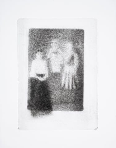 three faded silhouettes of people standing