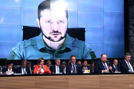 Zelenskiy appears via video link at the opening session of the international Crimea platform parliamentary summit in Zagreb, October 2022
