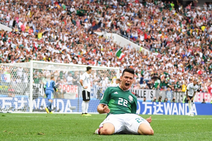 Hirving Lozano celebrates after scoring the winner against Germany.