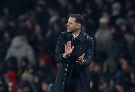 Chelsea manager Liam Rosenior gestures.