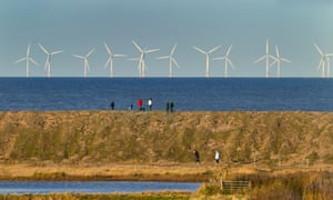 Sherringham Shoal Windfarm, with Cley Marshes NWT reserve in the foreground, Norfolk, England
