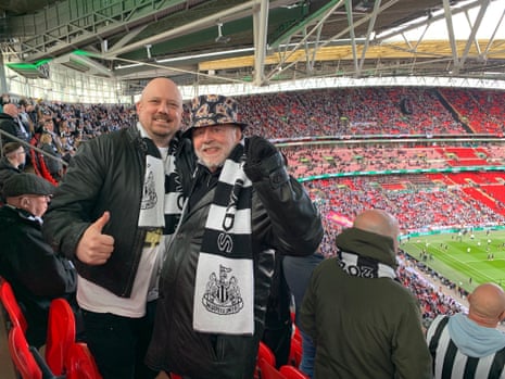 Newcastle fans Richard Holmes (left) and his father David Holmes (right) at the Carabao Cup final against Liverpool at Wembley