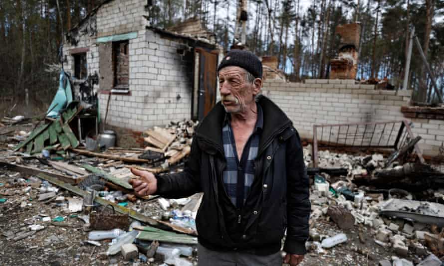 Anatolii Matukha, 70, outside his house which he said was destroyed by shelling in Yahidne, Chernihiv region, Ukraine.