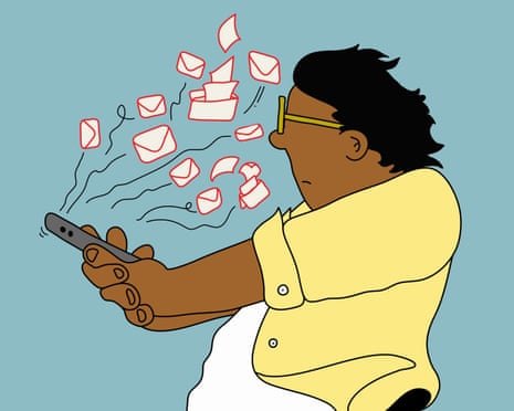 Person in yellow shirt holding phone with loads of messages illustration