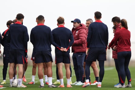Head coach of United States Mauricio Pochettino (C) attends a training session before an international friendly match against Australia at Dick’s Sporting Goods Park on October 13, 2025 in Commerce City, Colorado.