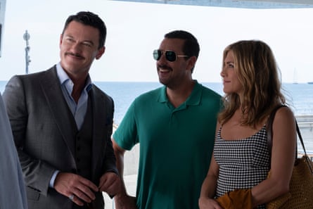 Luke
      Evans, Adam Sandler and Jennifer Aniston in Murder Mystery