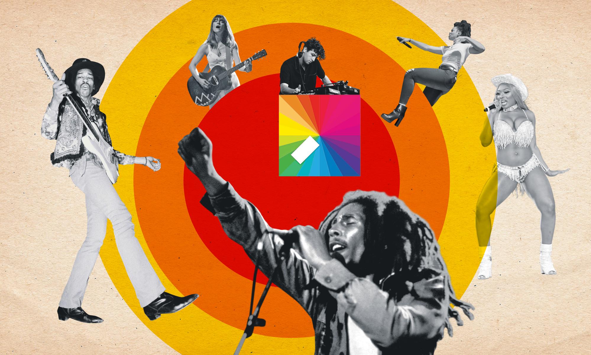 Left to right: Jimi Hendrix, Feist, Jamie xx, Bob Marley, Ari Lennox and Megan Thee Stallion.