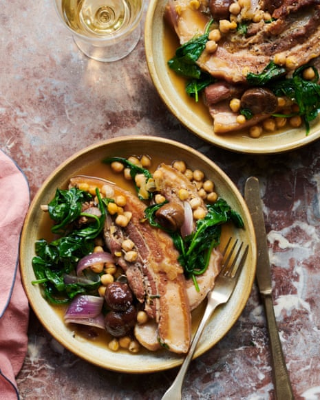 Jose Pizarro's recipe for sherry-braised pork belly with spinach