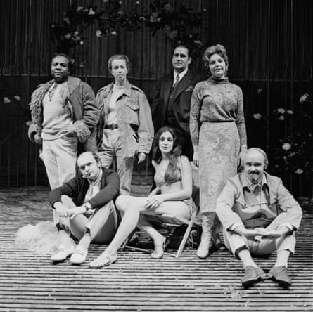 Gomez, centre, on a chair, with fellow cast members of Tippett’s The Knot Garden, 1970.