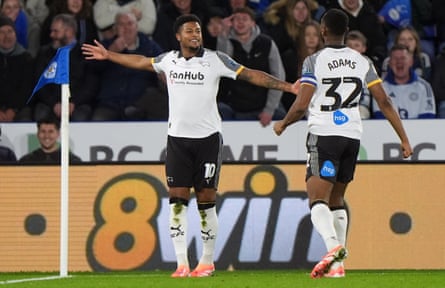 Rhian Brewster celebrates scoring for Derby against Leicester.