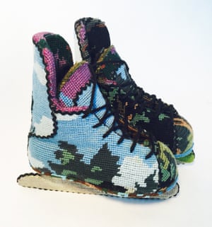 Ice-skates by Swedish designer Ulla-Stina Wikander, who covers 1970s household objects in second-hand cross-stitches