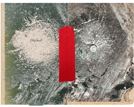 red tape over a black and white photo of the Okjökull crater