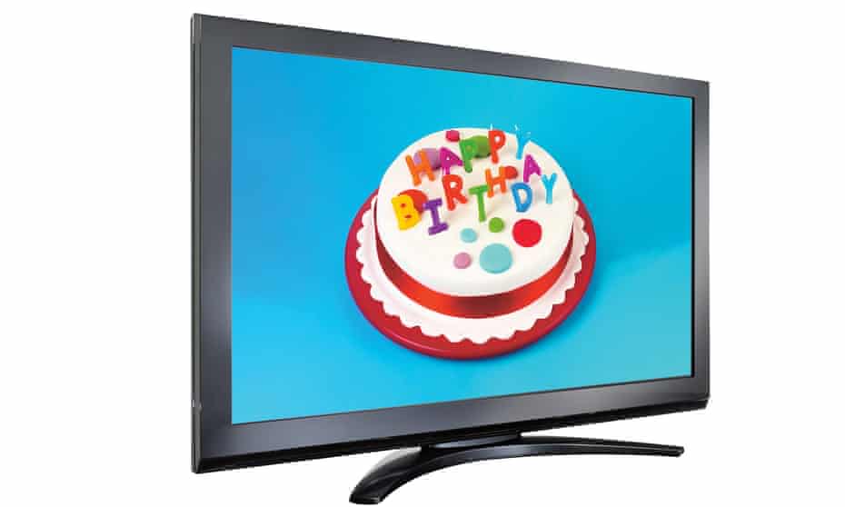 Plasma TV flat screen showing birthday cake