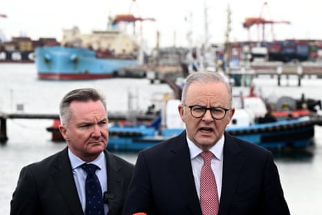 Prime minister Anthony Albanese and energy minister Chris Bowen at Port Botany, Sydney