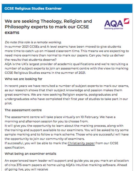 An ad seeking students to help mark the Christianity paper in GCSE religious studies