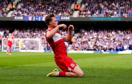 Tommy Conway celebrates scoring Middlesbrough’s second at Portman Road