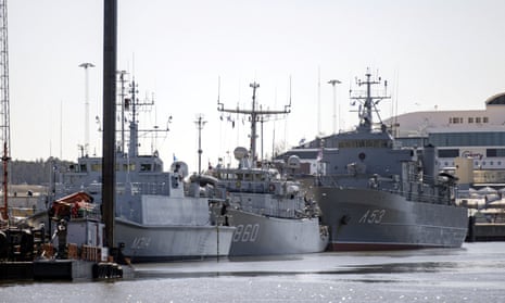 Three Nato warships – EML Sakala from Estonia, Dutch HNLMS Schiedam and the flagship LVNS Virsaitis from Latvia – in the Finnish southwestern coastal city of Turku, Finland.